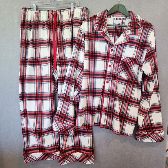 PajamaGram Mens Fleece Pajama Set XL Red White Plaid Long Sleeve Wide Leg PJs - Picture 1 of 16